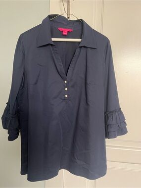 Lilly Pulitzer Navy Ruffle-Tier Popover Blouse